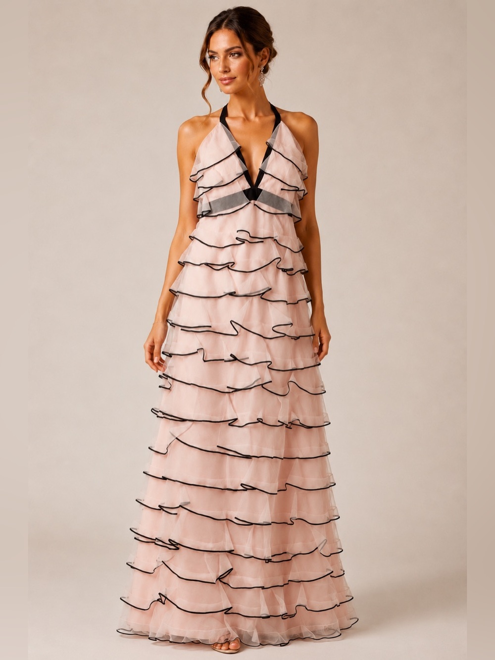 NWT Sachin & Babi Tiered Silk Organza Halter Lottie Gown Petal Size 12